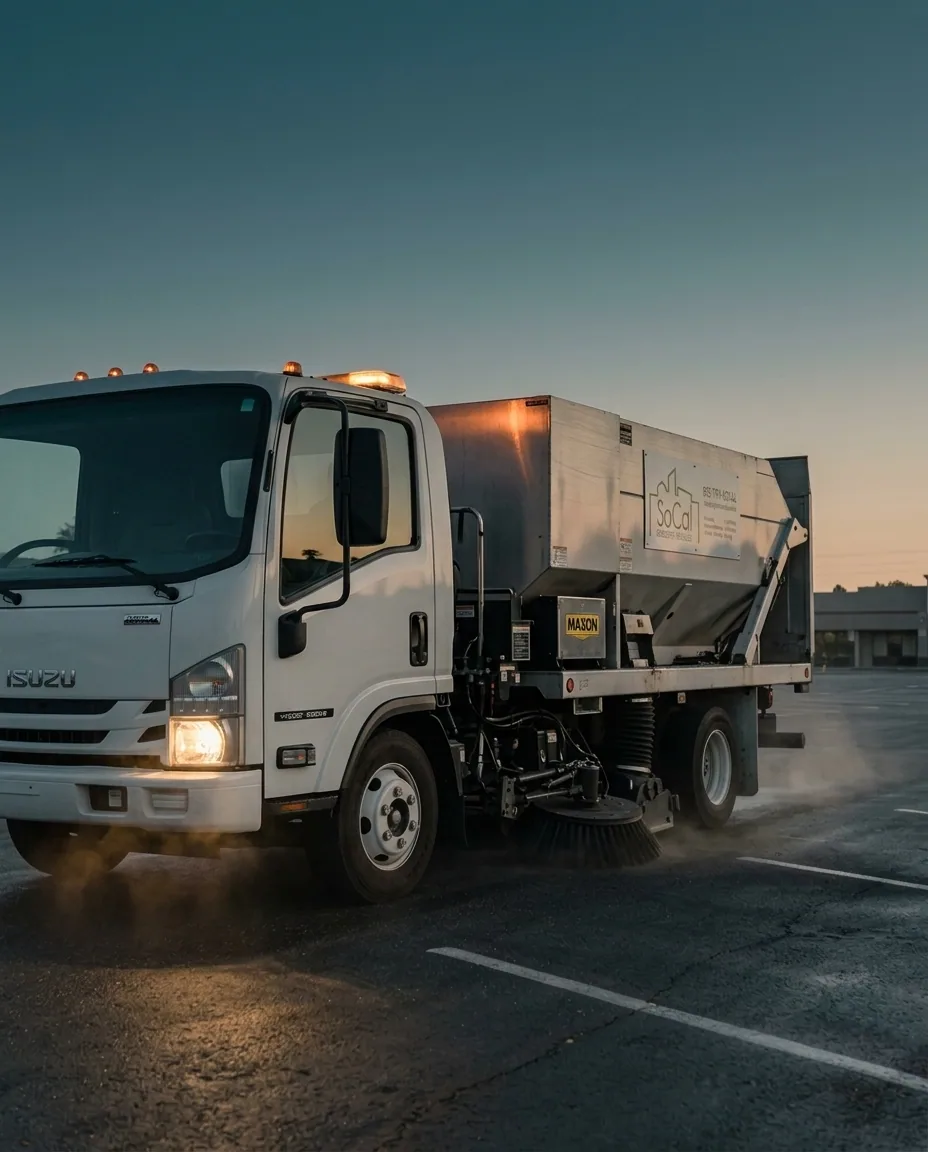 SoCal Property Services regenerative sweeper truck at blue hour
